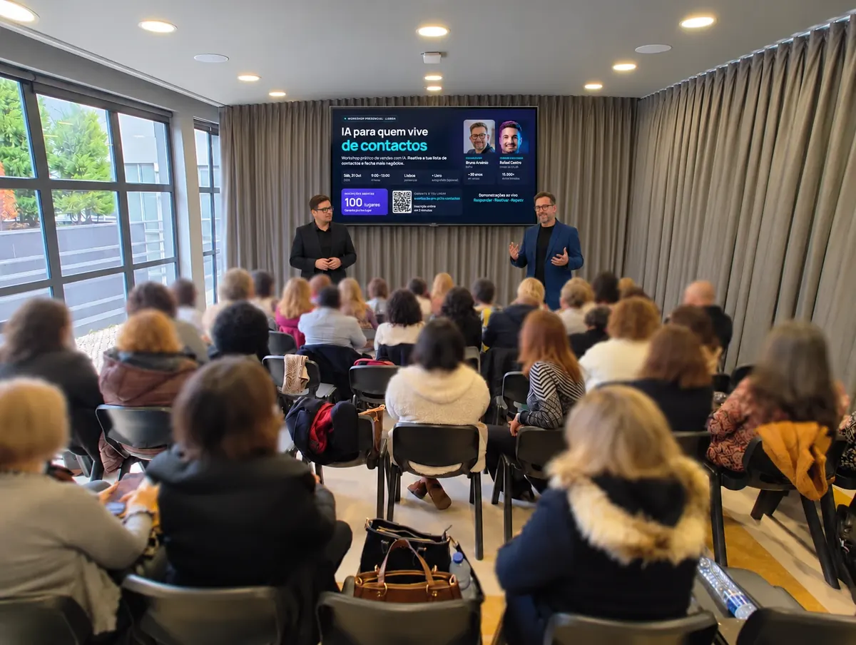 A sala do workshop, com o ecrã «IA para quem vive de contactos» e os dois oradores